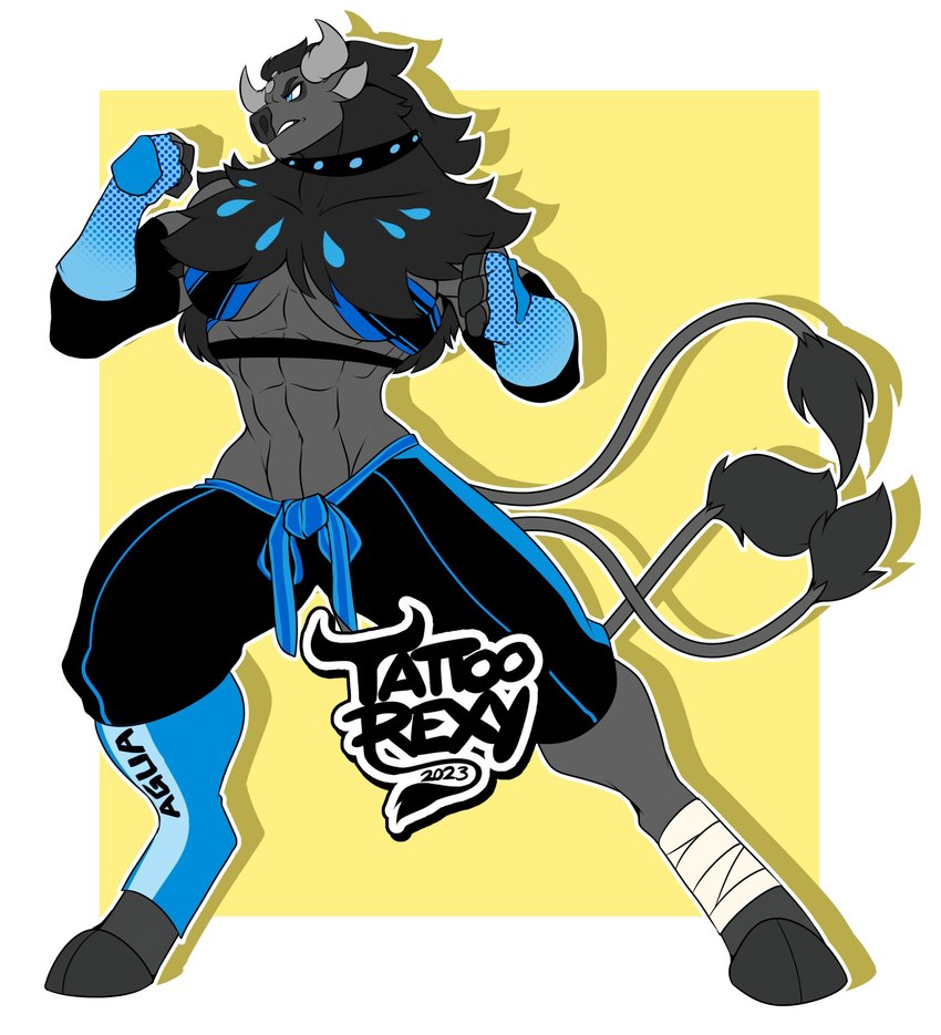 anthro armwear black_body black_fur blue_eyes bottomwear clothing female fur horn legwear muscular pants simple_background solo tail tattoorexy nintendo pokemon generation_9_pokemon paldean_form paldean_tauros paldean_tauros_(aqua_breed) pokemon_(species) regional_form_(pokemon) hi_res