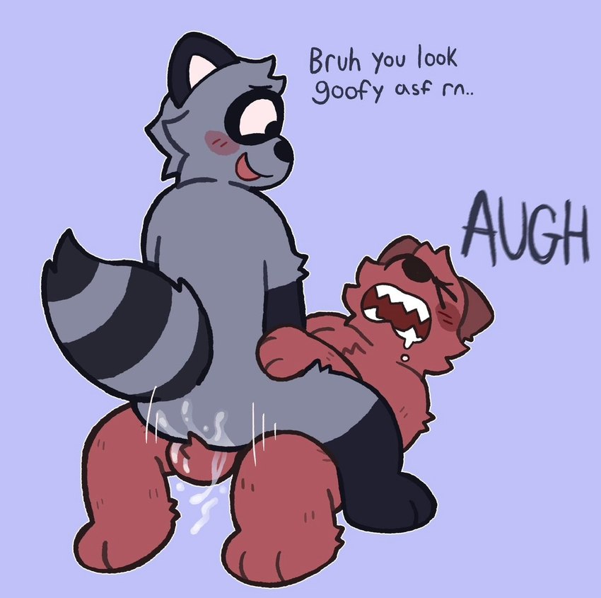 ambiguous_gender anal anal_penetration balls balls_deep bodily_fluids brown_body brown_fur bruh cowgirl_position cum dialogue duo ejaculation from_front_position fucked_silly fur genital_fluids genitals grey_body grey_fur looking_pleasured male male/ambiguous markings on_bottom on_top orgasm_face penetration ring_(marking) ringed_tail screaming sex smirking_at_partner striped_markings striped_tail stripes tail tail_markings text thrust_lines nighttime_fishy oliver_(ohmygoditguppy) william_(ohmygoditguppy) mammal procyonid raccoon nonbinary_(lore) trans_(lore)