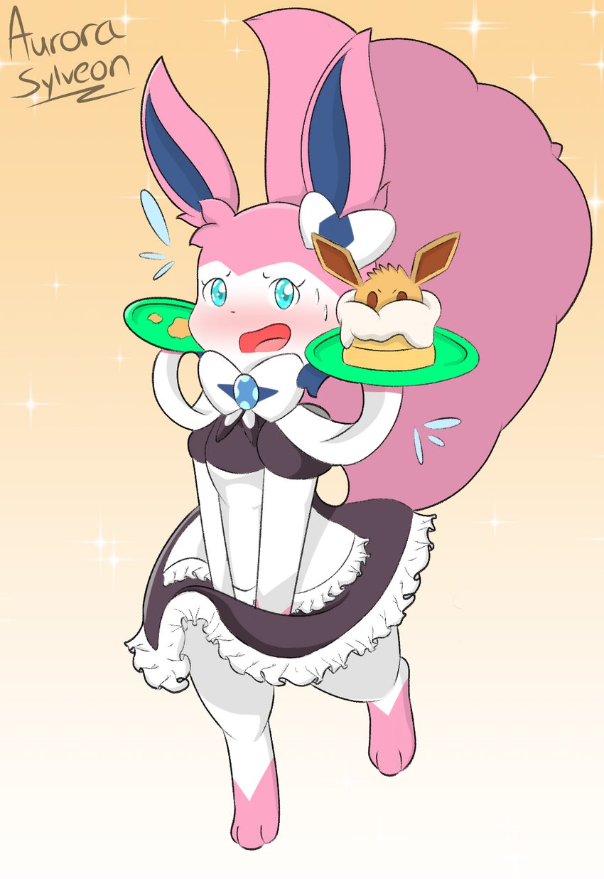 blush blush_lines clothing female feral fluffy fluffy_tail maid_uniform simple_background solo suit tail uniform worried aurorasylveon nintendo pokemon aurora_sylveon eeveelution generation_6_pokemon pokemon_(species) sylveon hi_res