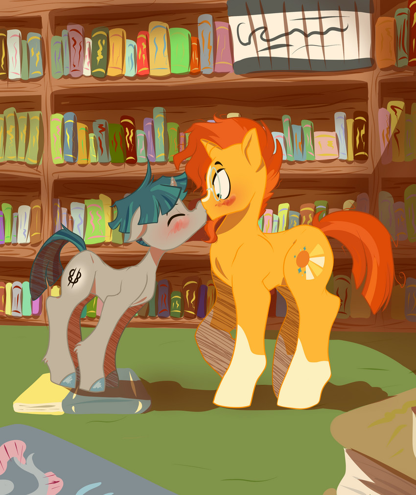 blush book bookshelf duo eyewear furniture glasses horn inside kissing library male male/male wide_eyed heyerika friendship_is_magic hasbro my_little_pony mythology stygian_(mlp) sunburst_(mlp) equid equine mammal mythological_creature mythological_equine unicorn absurd_res hi_res