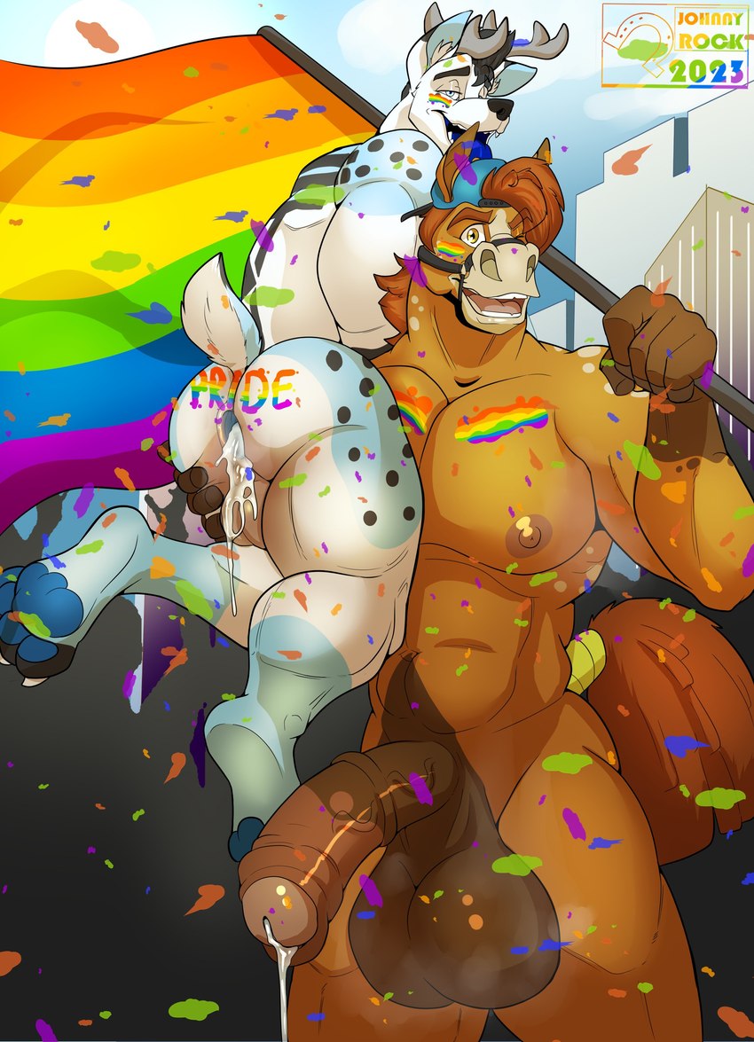 anthro anus balls bodily_fluids bodypaint butt cum cum_in_ass cum_inside duo face_paint flag flag_(object) gaping gaping_anus genital_fluids genitals holding_flag holding_object holding_partner leaking_cum lgbt_pride logo looking_at_viewer looking_pleasured male male/male multicolored_text muscular open_mouth open_smile penis pride_color_artist_logo pride_color_bodypaint pride_color_face_paint pride_color_flag pride_color_logo pride_color_text pride_colors rainbow_flag rainbow_pride_colors rainbow_pride_flag rainbow_symbol six-stripe_rainbow_pride_colors smile standing text tongue tongue_out shawd johnny_rock deer equid equine horse hybrid mammal absurd_res artist_logo hi_res