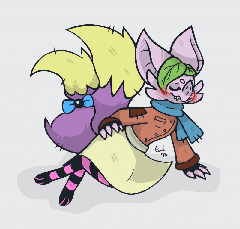 ambiguous_gender anthro big_ears blush bottomwear clothed clothing femboy fully_clothed legwear multi_tail pose ribbons scarf shy simple_background skirt smile solo stockings tail tad leaf_(tad) bat leaf-nosed_bat mammal microbat yangochiropteran 2018 absurd_res digital_media_(artwork) hi_res pinup