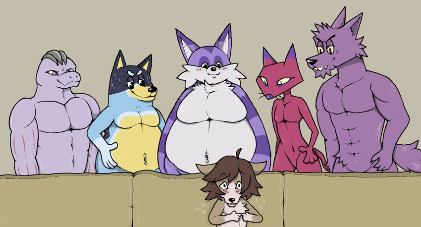 anthro blush fur furniture group humor male moobs muscular muscular_anthro muscular_male nervous overweight overweight_anthro overweight_male purple_body purple_fur purple_skin red_body red_fur size_difference skinny slim smile sofa weight_difference alekoin bluey_(series) cartoon_network courage_the_cowardly_dog mythology nintendo ok_k.o.!_let's_be_heroes piper_perri_surrounded pokemon sega sonic_the_hedgehog_(series) sonic_x bandit_heeler bernard_(ok_k.o.!_lbh) big_the_cat katz_(courage_the_cowardly_dog) australian_cattle_dog canid canine canis cattledog domestic_dog felid feline felis fox generation_1_pokemon herding_dog machoke mammal mythological_canine mythological_creature pastoral_dog pokemon_(species) werecanid werecanine werecreature werewolf wolf hi_res meme