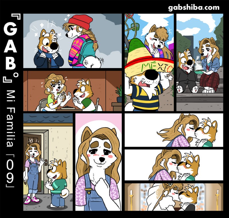 amusement_park barefoot blonde_hair blush bodily_fluids clothing dating eyes_closed feet female food footwear hair kissing laugh male male/female overalls scarf shoes smile sushi sweat sweatdrop text wedding winter gabshiba gab_(comic) gaby_shiba gao_shiba canid canine canis domestic_dog mammal shiba_inu spitz comic url