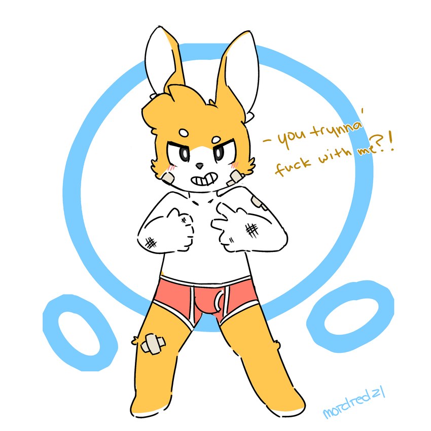 anthro band-aid bandage boxer_briefs bruised clothing grin male roughed_up simple_background smile solo standing underwear young young_anthro young_male moordred oob_(character) lagomorph leporid mammal rabbit 1:1 absurd_res hi_res