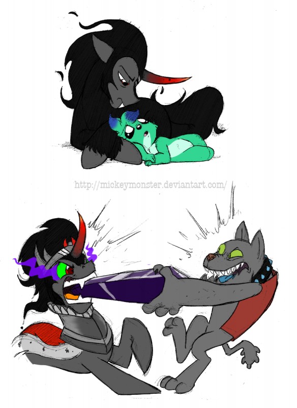 bite black_hair collar crown crystal diamond_(gem) duo eye_mist fangs feral fight gem hair headgear horn male red_eyes simple_background smoking_eyes tail teeth white_background mickeymonster friendship_is_magic hasbro my_little_pony mythology king_sombra_(mlp) rover_(mlp) canid diamond_dog_(mlp) equid equine mammal mythological_creature mythological_equine unicorn 2013 hi_res