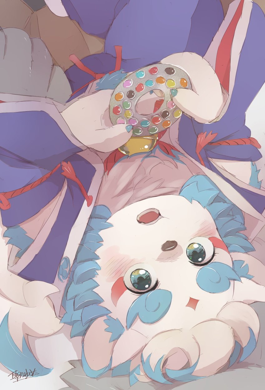 anthro belly blue_eyes blush bulge colored_nails eyebrows fur lying male nails on_back slightly_chubby solo thick_eyebrows white_body white_fur young hijirinoyuta asian_mythology east_asian_mythology japanese_mythology lifewonders mythology tokyo_afterschool_summoners agyo_(tas) foo_dog komainu mammal yokai hi_res