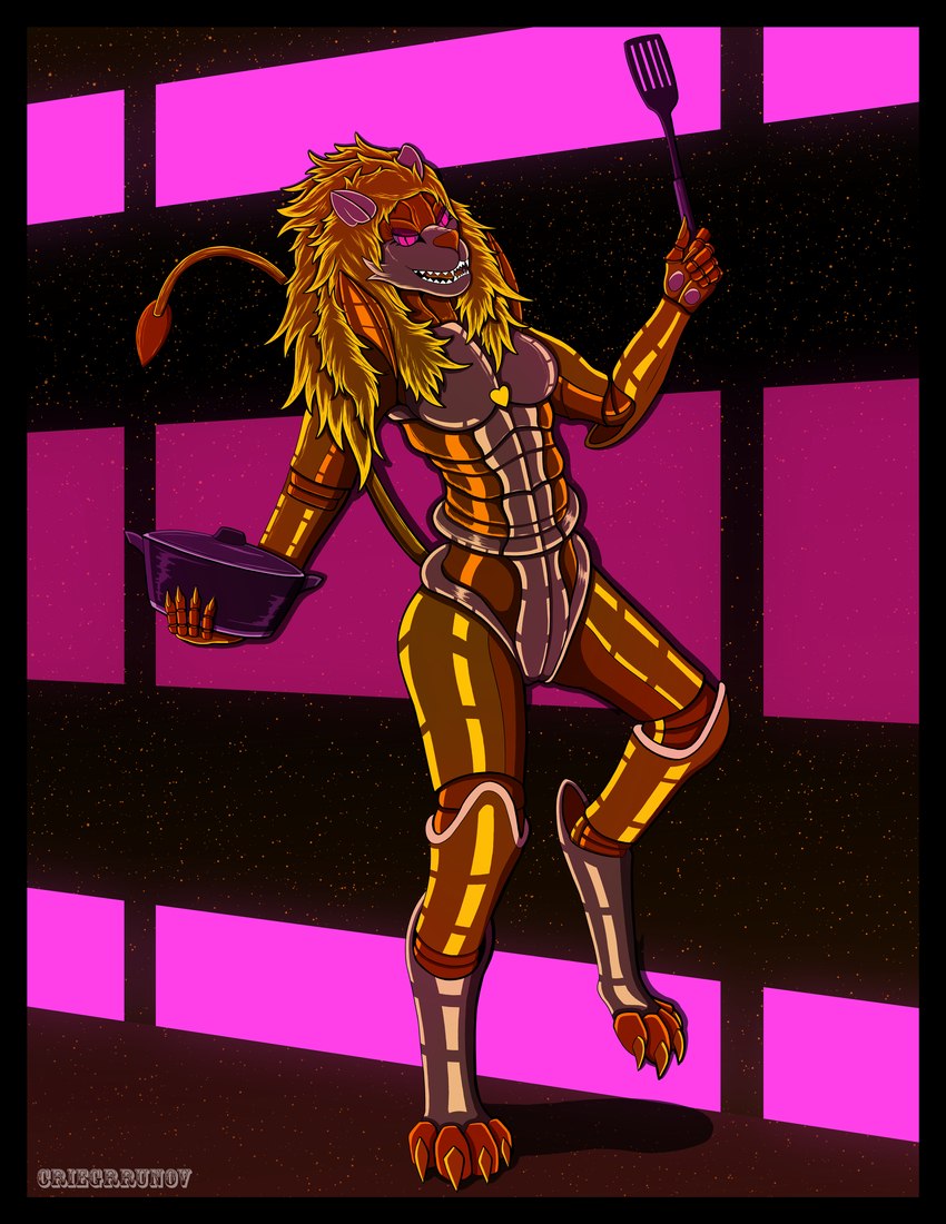 anthro armor bedroom_eyes blonde_hair blonde_mane breasts claws cooking cybernetics electro_swing evil_grin fantasy featureless_breasts female food fur hair looking_at_viewer looking_back machine mane mustard narrowed_eyes on_one_leg paws pink_eyes science_fiction seductive smile solo spatula standing tail tools wide_hips yellow_body yellow_fur yellow_tail criegrrunov android animatronic cyborg felid lion mammal pantherine robot absurd_res hi_res