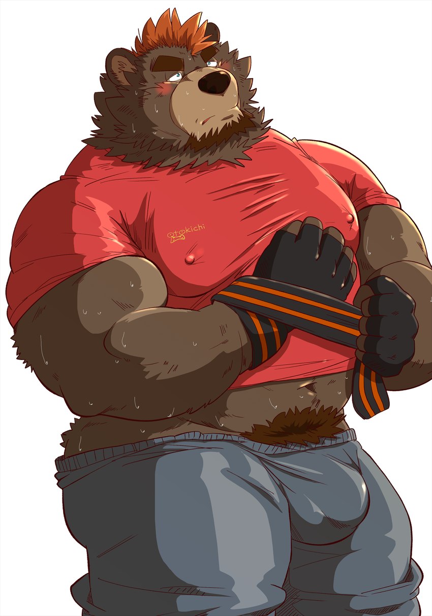 anthro belly black_nose blush bodily_fluids bottomwear bulge butt clothing kemono male musclegut muscular muscular_male navel overweight overweight_male pants pubes shirt simple_background solo sweat topwear white_background raichoclub bear mammal 2024 hi_res