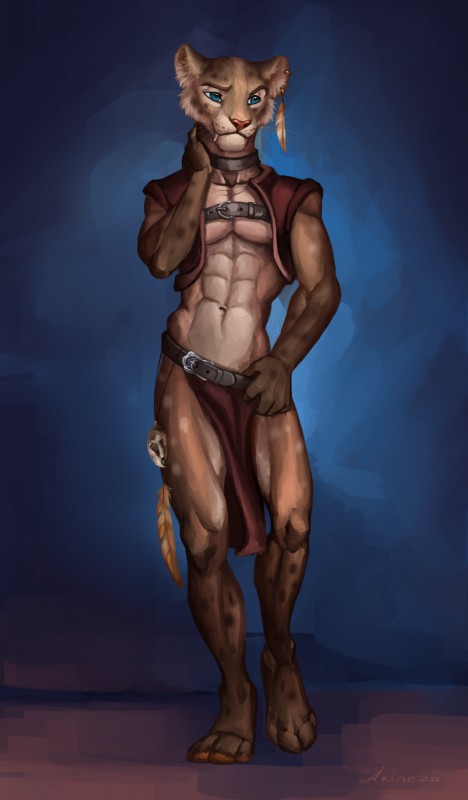 abs anthro barefoot biceps biped blue_background blue_eyes bottomwear brown_body brown_fur clothed clothing ear_piercing feet fur loincloth male navel pecs piercing simple_background smile solo standing akineza dungeons_and_dragons hasbro wizards_of_the_coast fekkri_talot felid mammal tabaxi 2017 absurd_res digital_media_(artwork) hi_res