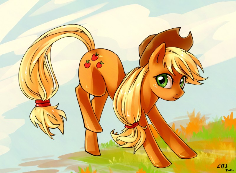 abstract_background blonde_hair clothing cowboy_hat cutie_mark female feral green_eyes hair hat headgear headwear looking_at_viewer quadruped simple_background smile solo tail katiramoon friendship_is_magic hasbro my_little_pony applejack_(mlp) earth_pony equid equine horse mammal pony 2011