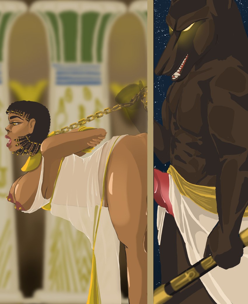 anthro bdsm big_breasts breasts chain collar duo female female_human male male/female penetration priest priestess_anubis servant_priestess spiritual karmacollar egyptian_mythology middle_eastern_mythology mythology anubis deity egyptian_god human mammal hi_res