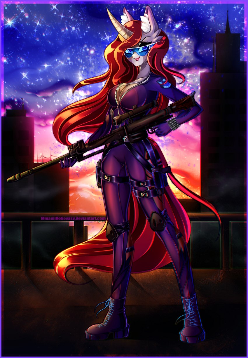 anthro bars belt blue_border border breasts bullet city city_background cityscape cleavage clothed clothing coat_markings cutie_mark dog_tags female flowing_hair flowing_mane flowing_tail footwear gun hair handgun inner_ear_fluff insignia knee_pads leather leather_clothing looking_at_viewer markings military military_insignia military_uniform pistol plantigrade ranged_weapon red_hair rifle rooftop scope shoes sky smile snip_(marking) sniper sniper_rifle solo star starry_sky sunset tight_clothing tuft uniform utility_belt visor weapon zipper zipper_down zipper_jumpsuit minamikoboyasy hasbro my_little_pony selune_darkeye equid equine mammal absurd_res hi_res