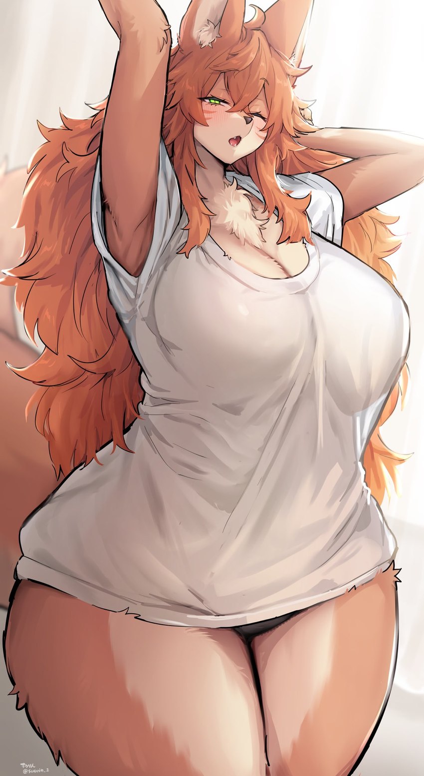 anthro arm_tuft big_breasts breasts cleavage clothed clothing curvy_anthro curvy_female curvy_figure elbow_tuft eyelashes female fur green_eyes hair hourglass_figure hourglass_figured_anthro hourglass_figured_female huge_breasts inner_ear_fluff kemono leg_tuft long_hair long_tail looking_at_viewer open_mouth orange_body orange_fur orange_hair panties shirt simple_background solo stretching tail thick_thighs topwear tuft underwear voluptuous voluptuous_anthro voluptuous_female wide_hipped_anthro wide_hipped_female wide_hips yawn suurin_2 ookami-chan_(suurin_2) canid canine canis mammal wolf digital_media_(artwork) hi_res portrait three-quarter_portrait