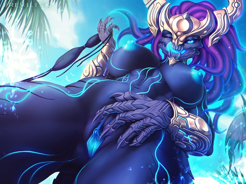 anthro areola big_breasts blue_body breasts claws crossgender curvy_figure female genitals hair navel nipples non-mammal_breasts non-mammal_nipples one_eye_closed presenting presenting_pussy pussy smile smiling_at_viewer solo tail thick_thighs frevilisk league_of_legends mythology riot_games tencent aurelion_sol_(lol) dragon mythological_creature mythological_scalie scalie