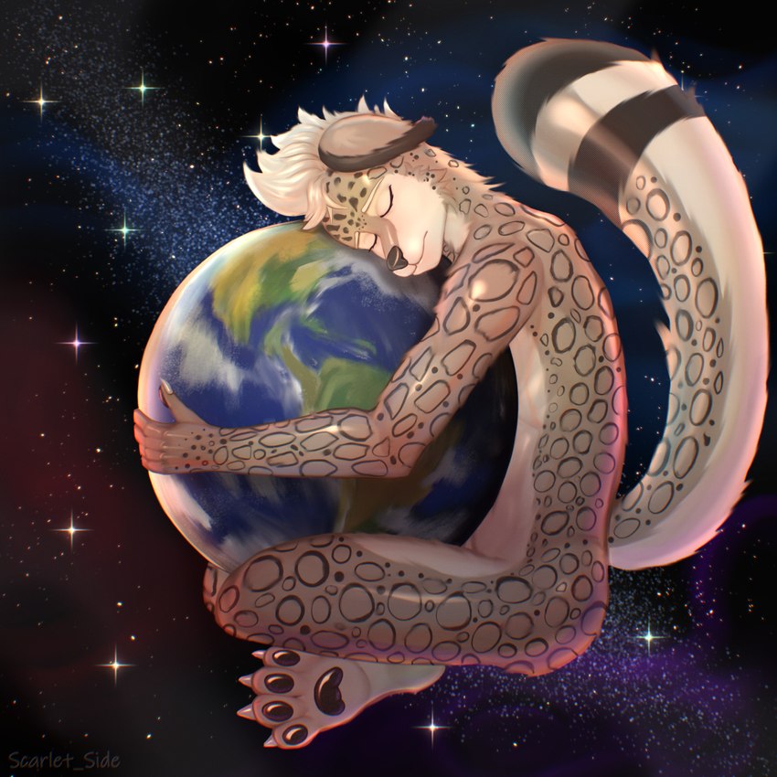 anthro butt cosmos earth eyes_closed feet fur giga hair hug hugging_object macro male nude paws peaceful planet simple_background sky smile solo space star tail toes white_body white_hair scarlet_side felid leopard mammal pantherine snow_leopard 1:1 2024 digital_media_(artwork) hi_res