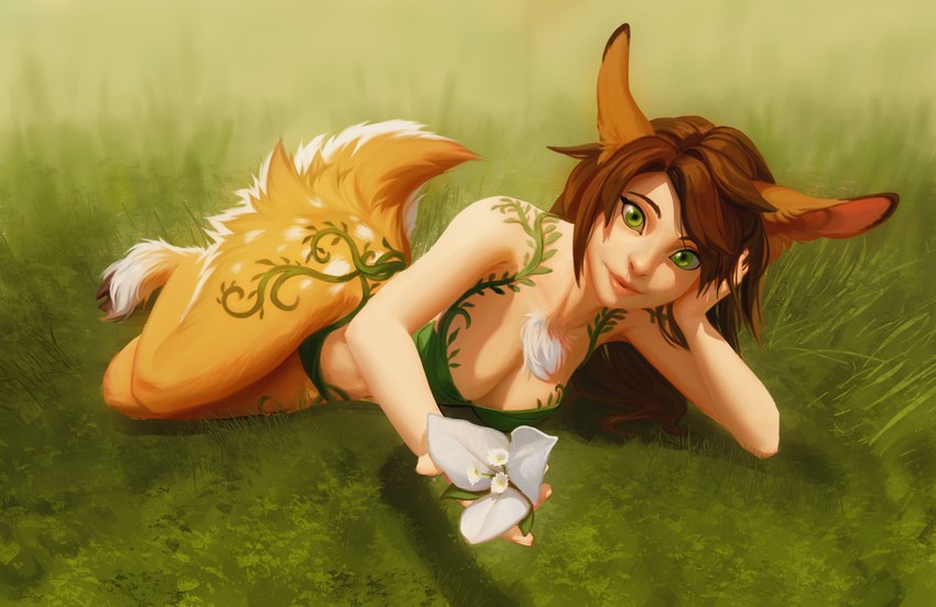 breasts chest_tuft dappled_fur detailed_background female flower fluffy fluffy_tail green_eyes hooves looking_at_viewer plant plant_clothing solo tail tuft kirena-kaya treesong animal_humanoid cervine deer dryad humanoid mammal hi_res