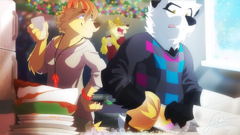 anthro clothing dishwashing drunk female group jewelry looking_at_another male necklace open_mouth open_smile smile substance_intoxication tongue tongue_out super-tuler tairu bear canid canine canis coyote giant_panda mammal wolf 16:9 hi_res widescreen