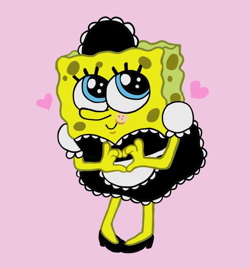 anthro clothed clothing crossdressing footwear gesture heart_gesture heart_symbol maid_uniform male shoes solo uniform dokudrinker nickelodeon spongebob_squarepants spongebob_squarepants_(character) marine sea_sponge hi_res