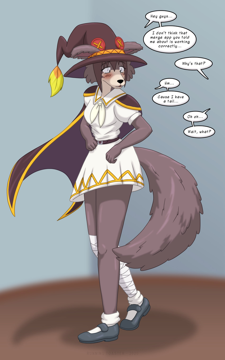 after_transformation anthro blush breasts cape clothing dialogue female footwear hat headgear headwear offscreen_character shoes simple_background solo standing surprise text witch_hat runningtoaster beastars konosuba:_god's_blessing_on_this_wonderful_world! juno_(beastars) megumin_(konosuba) canid canine canis mammal wolf 5:8 english_text hi_res