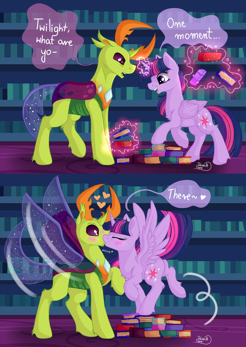 2_panel_comic blush book bookshelf dialogue duo eyes_closed female furniture glowing heart_symbol horn insect_wings kiss_on_lips kissing levitating_object levitation library magic male male/female mandibles size_difference sparkles surprise_kiss telekinesis text wing_boner wings julunis14 friendship_is_magic hasbro my_little_pony mythology thorax_(mlp) twilight_sparkle_(mlp) arthropod changeling equid equine mammal mythological_creature mythological_equine reformed_changeling winged_unicorn 2019 comic digital_media_(artwork) english_text hi_res