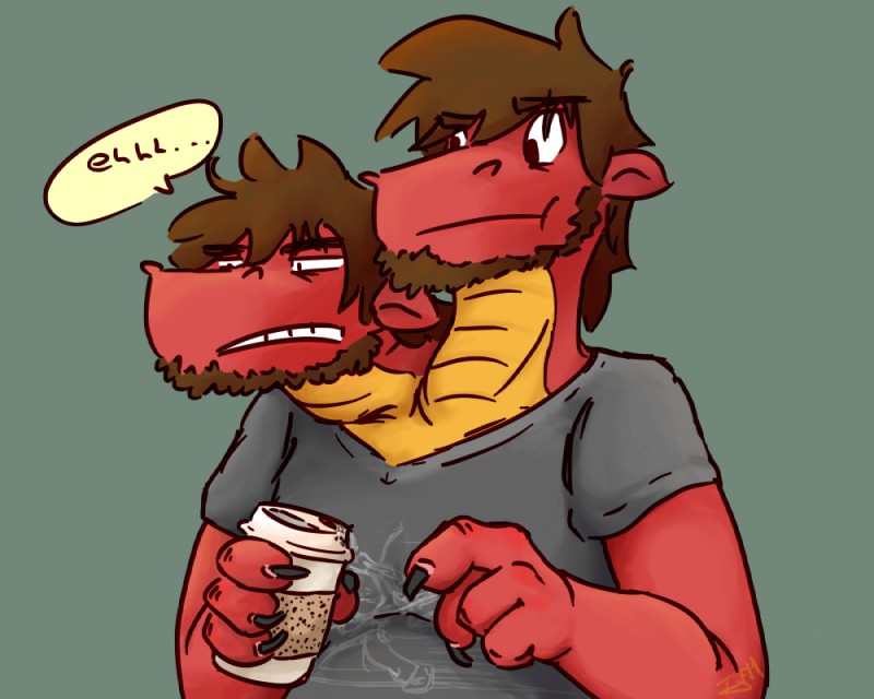 2_heads anthro beard beverage claws clothing coffee conjoined dialogue facial_hair male multi_head multifur shirt simple_background solo speech_bubble topwear waking_up tjthedragoon european_mythology greek_mythology mythology dragon hydra mythological_creature mythological_scalie scalie western_dragon 5:4