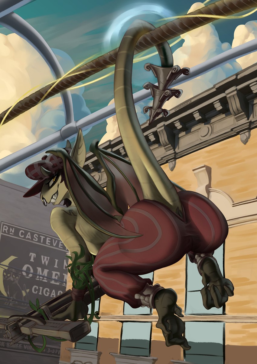 anthro anus big_butt breasts butt clothed clothing facial_piercing female grin gun looking_at_viewer looking_back looking_back_at_viewer low-angle_view membrane_(anatomy) membranous_wings nose_piercing nose_ring piercing pupils raised_tail ranged_weapon rear_view ring_piercing side_boob sky slit_pupils smile solo tail tail_anus tattoo topless weapon wings yellow_eyes wooodies8 deadlock valve ivy_(deadlock) gargoyle absurd_res hi_res