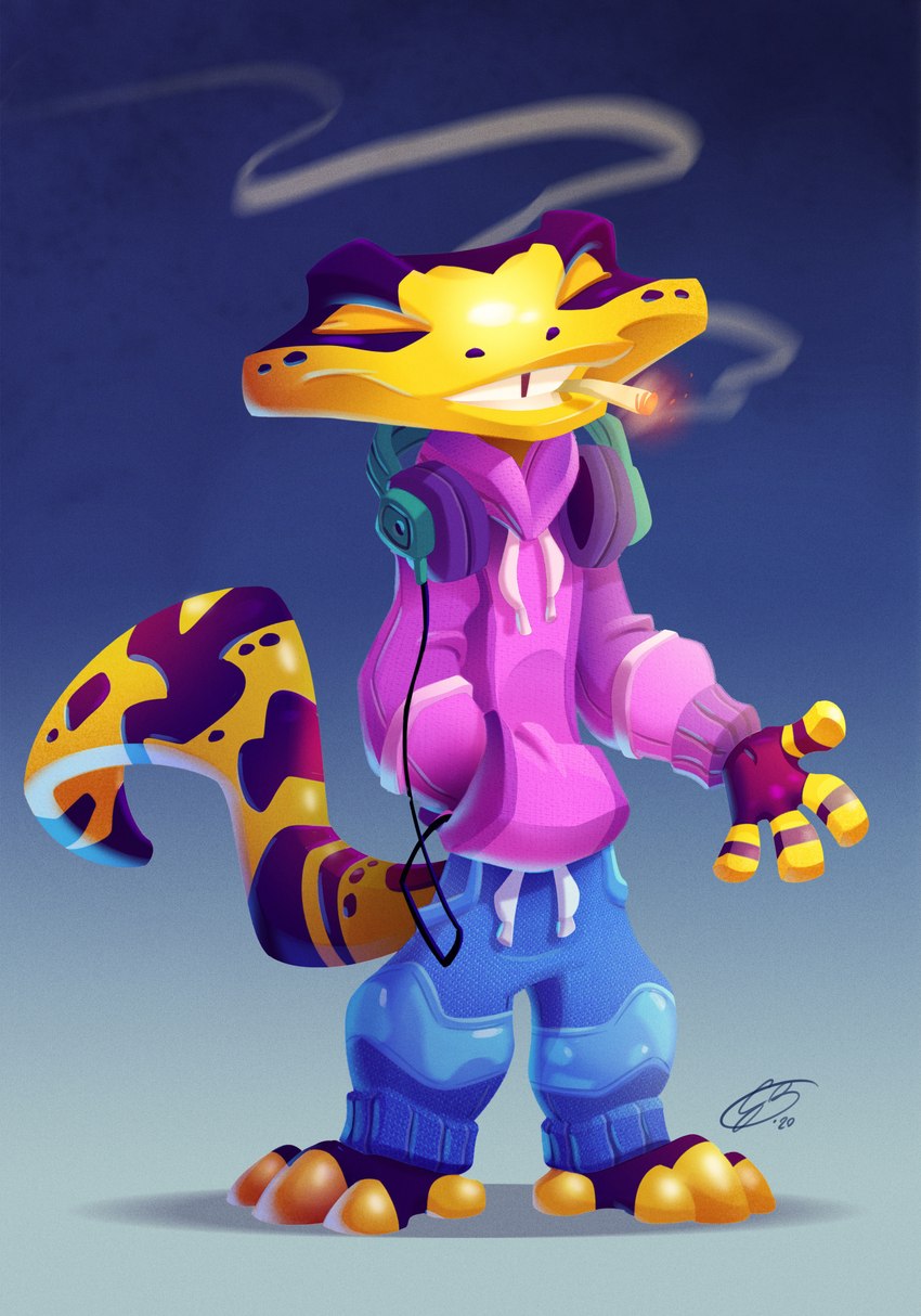 4_fingers 4_toes anthro arms_bent barefoot blue_background blue_bottomwear blue_clothing blue_pants bottomwear cigarette cigarette_in_mouth cigarette_smoke clothed clothed_anthro clothed_male clothing electronics eyes_closed feet fingers fully_clothed fully_clothed_anthro fully_clothed_male gradient_background headphones headphones_around_neck hoodie light lit_cigarette long_tail male male_anthro markings multicolored_body multicolored_skin object_in_mouth pants pockets purple_body purple_clothing purple_hoodie purple_markings purple_skin purple_topwear simple_background smoke smoking smoking_cigarette solo standing tail tail_markings teeth toes tooth_gap toothy_smile topwear two_tone_body two_tone_skin two_tone_tail yellow_body yellow_skin yellow_tail giacomo_boni salamander_(giacomo_boni) amphibian salamander 2020 absurd_res colored digital_drawing_(artwork) digital_media_(artwork) english_description full-length_portrait hi_res lighting lineless portrait shaded signature