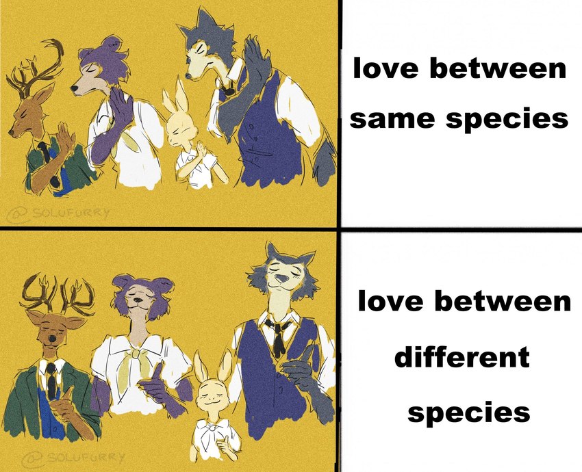 anthro antlers clothed clothing female group horn humor male simple_background text solufurry beastars drakeposting haru_(beastars) juno_(beastars) legoshi_(beastars) louis_(beastars) canid canine canis deer lagomorph leporid mammal rabbit wolf absurd_res english_text hi_res meme