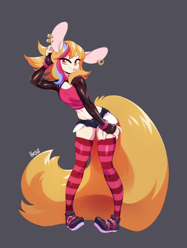 anthro blonde_hair bottomwear clothing denim denim_clothing female flat_chested hair legwear shorts solo stockings hoshi nedoiko cottonsocks_minkelson mammal mink mustelid musteline true_musteline hi_res