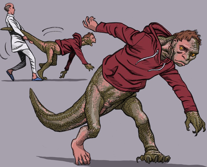 balding bottomless claws clothed clothing coat duo falling featureless_crotch feral green_body green_scales growth hair hoodie hoodie_only komodo_dragon_tail lab_coat male mid_transformation orange_eyes partially_clothed scale_growth scales shadow simple_background snout snout_growth tail tail_grab topwear topwear_only transformation frederik_peeters the_animal_kingdom_(film) human komodo_dragon lizard mammal monitor_lizard reptile scalie absurd_res hi_res