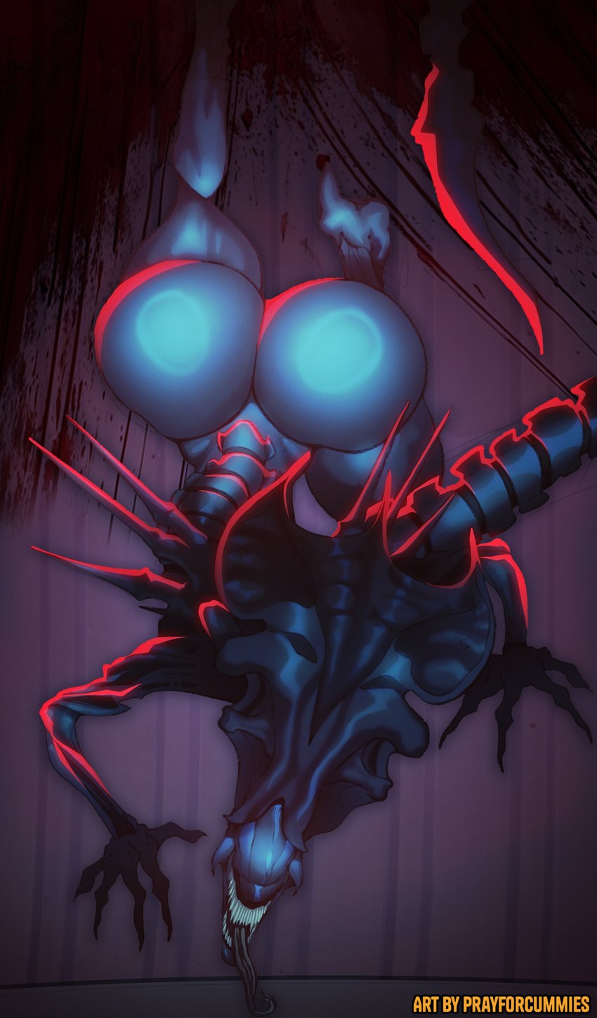 anthro big_breasts big_butt black_body breasts bubble_butt butt claws climbing eyeless female multi_arm multi_limb nude on_wall rear_view simple_background solo tail teeth thick_thighs tongue tongue_out prayforcummies alien_(franchise) alien xenomorph xenomorph_queen absurd_res digital_media_(artwork) hi_res