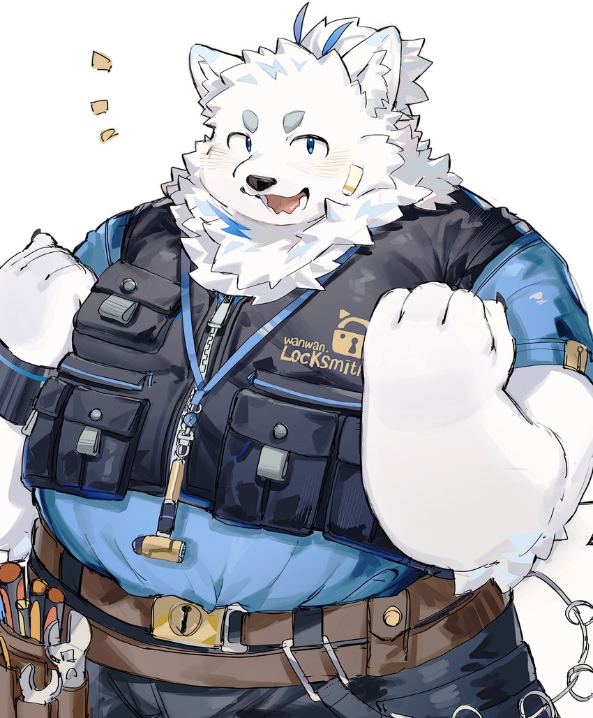 anthro bandage belt clothing fur key keyring lock locksmith male overweight overweight_male shirt solo t-shirt topknot topwear vest white_body white_fur kurotero lifewonders live_a_hero yohack canid canine canis domestic_dog mammal nordic_sled_dog samoyed spitz absurd_res hi_res