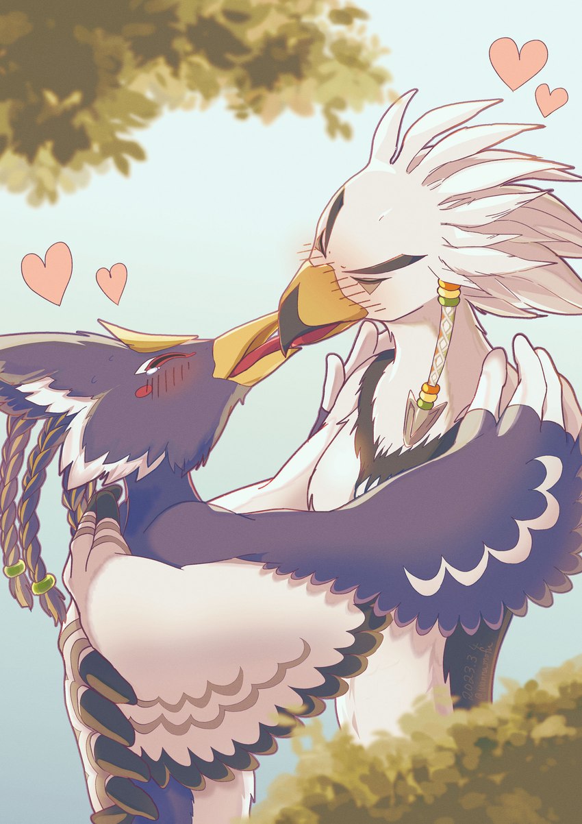 anthro beak beak_kiss blue_body blush clothed clothing duo feathers french_kissing heart_symbol kissing male male/male topless white_body wannamofu breath_of_the_wild nintendo the_legend_of_zelda revali teba_(tloz) avian bird rito absurd_res hi_res