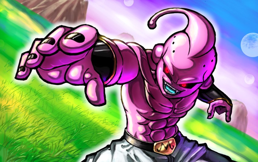 5_fingers abs bottomwear clothing colored_nails day fingers full_moon grass humanoid_hands male moon mountain muscular muscular_humanoid muscular_male nails not_furry open_mouth pants pink_body pink_skin plant red_eyes solo teeth kaosu0195 dragon_ball kid_buu majin_buu alien alien_humanoid humanoid majin 2019