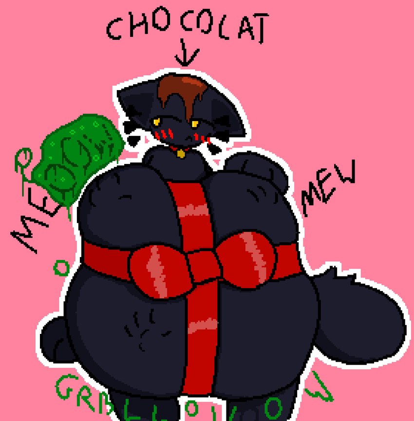 3_fingers 8-bit ambiguous_anthro ambiguous_gender ambiguous_pred ambiguous_prey anthro anthro_pred belly big_belly biped black_belly black_body black_chest black_ears black_face black_fur black_hands black_legs black_tail black_text blush blush_lines bodily_noises bow_ribbon candy chocolate chocolate_on_body chocolate_on_head closed_frown collar collar_only collar_tag contextual_arrow dessert digestion digestion_noises directional_arrow ears_down fatal_vore fingers floating_whiskers food fully_inside fur gift_bow green_text hand_imprint hand_on_belly hand_on_own_belly huge_belly imminent_death imprint looking_aside meow monotone_background monotone_belly monotone_body monotone_bow monotone_collar monotone_face monotone_fur monotone_hands monotone_legs monotone_ribbon monotone_tail narrowed_eyes nude nude_ambiguous nude_anthro onomatopoeia outline pink_background pivoted_ears pointy_ears prick_ears red_collar red_ribbon ribbon_around_belly rumbling_stomach same_size_vore simple_background soft_vore solo sound_effects tail text unseen_prey vore vowelless vowelless_sound_effect white_outline yellow_eyes tcsrjx eclair_(tcsrjx) domestic_cat felid feline felis mammal 2023 aliasing cel_shading character_name digital_drawing_(artwork) digital_media_(artwork) english_description english_text hi_res portrait shaded three-quarter_portrait male_(lore)