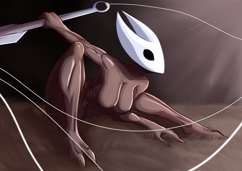 2_horns anthro black_eyes breasts female fingers holding_melee_weapon holding_object holding_weapon horn melee_weapon non-mammal_breasts nude pose silk solo weapon white_head spicyrabbit hollow_knight team_cherry hornet_(hollow_knight) arthropod 2025 absurd_res digital_media_(artwork) hi_res