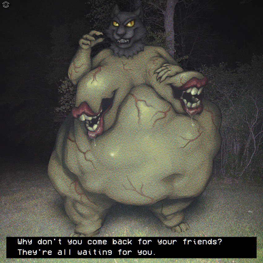 abdominal_bulge anthro caption caption_box dialogue female forest forest_background found_footage looking_at_viewer nature nature_background night nipple_mouth oral_vore outside overweight overweight_female photo_background plant solo text tree vore yellow_eyes analog_vorer cougar felid feline flesh_creature mammal monster 1:1 english_text hi_res photo_manipulation photography_(artwork)