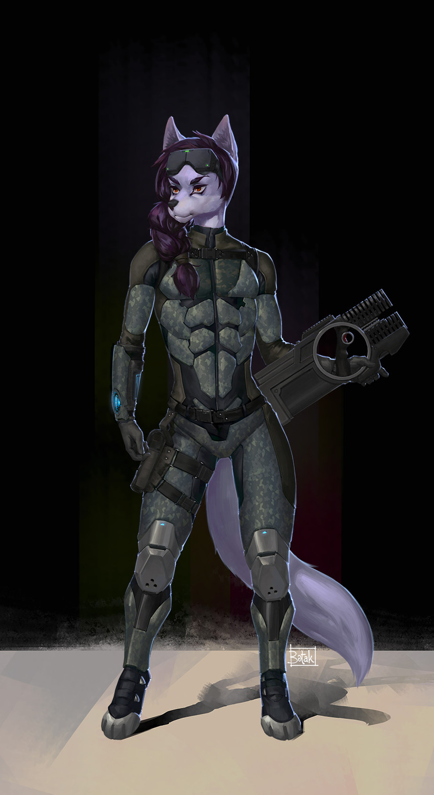 anthro armor belt belt_pouch black_nose blue_body blue_fur clothing digitigrade focused fur gloves gun hair handwear holding_gun holding_object holding_ranged_weapon holding_weapon male purple_hair ranged_weapon science_fiction simple_background solo standing visor weapon botak canid canine canis mammal wolf 2019 hi_res