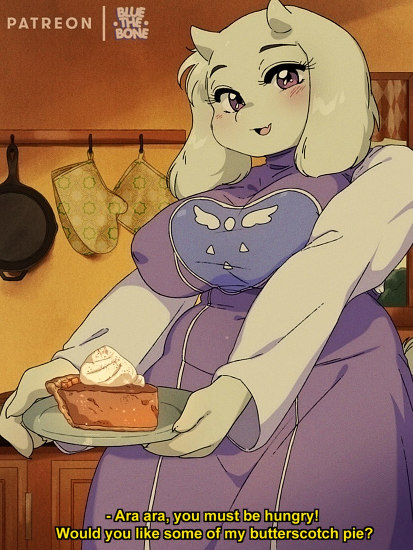 anthro ara_ara big_breasts blush breasts clothed clothing cookware dessert dialogue dress female food frying_pan fully_clothed handwear horn kitchen_utensils looking_at_viewer navel_outline nipple_outline oven_mitts pastry pie retro_anime_style solo text tight_clothing tight_dress tight_robe tools bluethebone undertale undertale_(series) toriel boss_monster_(undertale) bovid caprine goat mammal 3:4 english_text hi_res