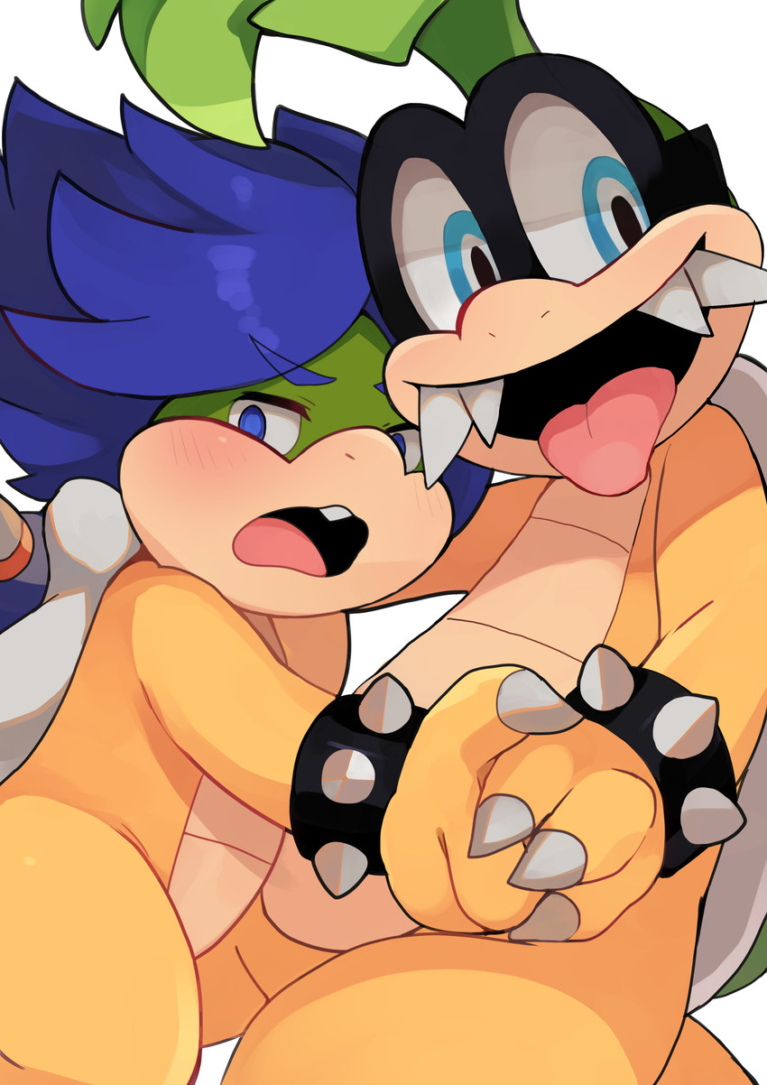 anthro blue_hair blush bracelet buckteeth duo eyewear glasses green_hair hair hand_holding jewelry male male/male spiked_bracelet spikes teeth tongue tongue_out zeso mario_bros nintendo iggy_koopa koopaling ludwig_von_koopa koopa scalie absurd_res hi_res