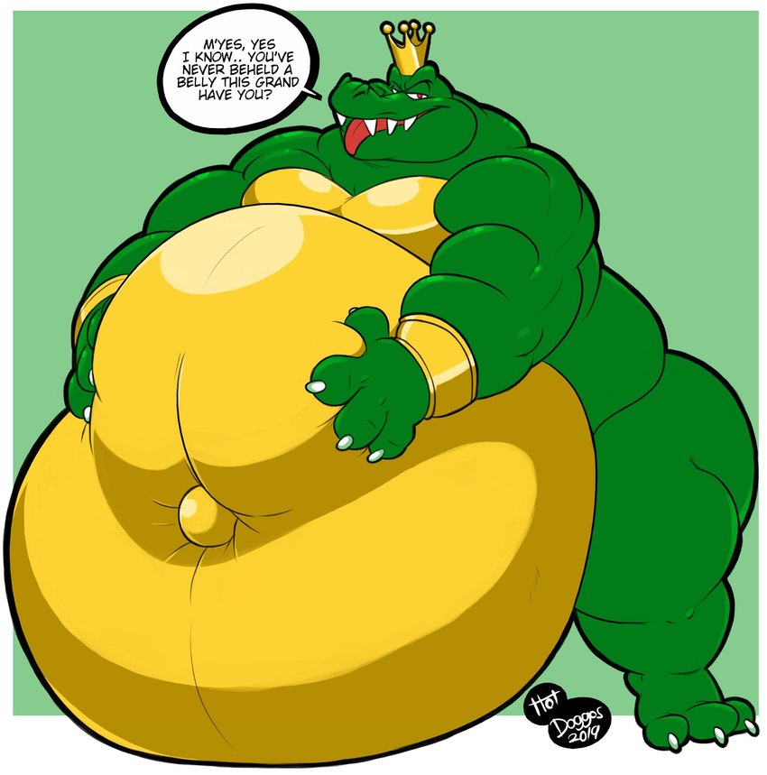 3_toes 4_fingers anthro bedroom_eyes belly belly_squish biceps big_belly biped bracelet claws crown crown_only dialogue eyebrows fangs feet finger_claws fingers gold_(metal) gold_bracelet gold_jewelry green_body green_scales hand_on_belly hands_on_own_belly headgear holding_belly huge_belly huge_thighs hyper hyper_belly jewelry king looking_at_viewer male morbidly_obese morbidly_obese_anthro morbidly_obese_male musclegut muscular muscular_anthro muscular_male narrowed_eyes navel nude obese obese_anthro obese_male open_mouth outie_navel overweight overweight_anthro overweight_male pecs pink_tongue plantigrade raised_eyebrows red_eyes royalty scales seductive simple_background smile smiling_at_viewer snout solo speech_bubble squish standing talking_to_viewer teasing teeth text thick_thighs toe_claws toes tongue tongue_out white_background white_claws c-trigger donkey_kong_(series) nintendo king_k._rool crocodile crocodilian kremling reptile scalie 2021 colored dated digital_media_(artwork) english_text hi_res shaded signature