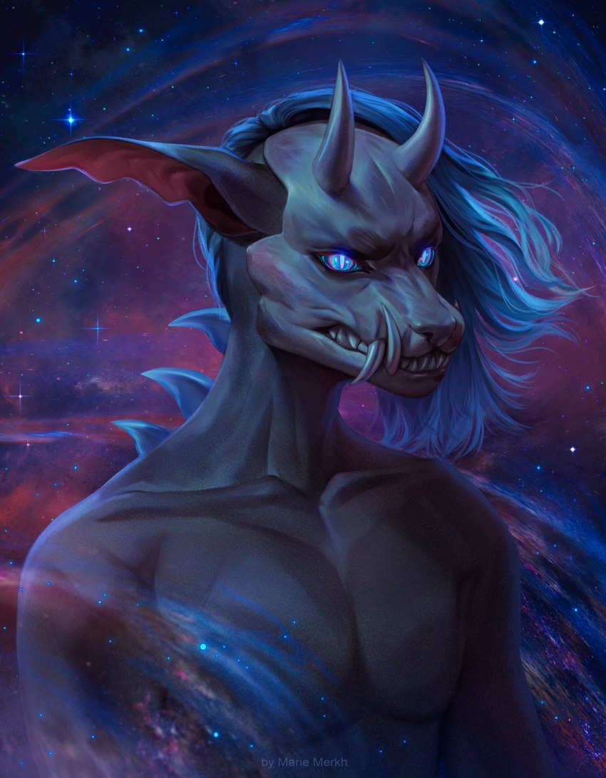 blonde_hair blue_eyes cosmic_background fangs glowing glowing_eyes grey_body hair male mask multicolored_eyes pink_eyes skull_mask solo space space_background star teeth two_tone_eyes marie_merkh demon absurd_res adobe_photoshop_(artwork) artist_name digital_media_(artwork) half-length_portrait hi_res portrait