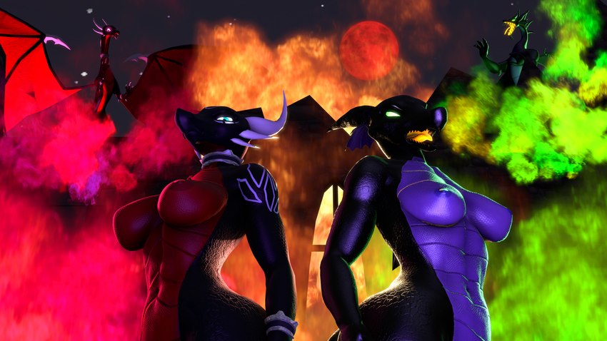 anthro athletic athletic_anthro athletic_female big_breasts big_butt black_body black_scales breasts butt curvy_figure duo female fire green_eyes horn hourglass_figure looking_at_viewer looking_down moon multicolored_body multicolored_scales navel night nipples non-mammal_breasts non-mammal_nipples nude nude_anthro nude_female purple_body purple_scales red_body red_scales scales thick_thighs tongue two_tone_body two_tone_scales ventral_scales wide_hips yellow_tongue lolla4567 warfaremachine_(modeler) activision disney mythology sleeping_beauty_(1959) spyro_the_dragon corrupt_cynder cynder maleficent dragon mythological_creature mythological_scalie scalie 3d_(artwork) digital_media_(artwork) hi_res