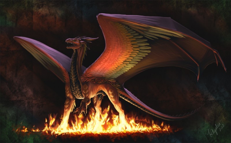 ambiguous_gender black_body black_scales feathered_wings feathers feral fire membrane_(anatomy) membranous_wings open_mouth raised_leg red_body red_scales scales solo standing tail teeth wings khyaber mythology aaros_(character) dragon feathered_dragon feathered_scalie mythological_creature mythological_scalie scalie 2012 digital_media_(artwork)