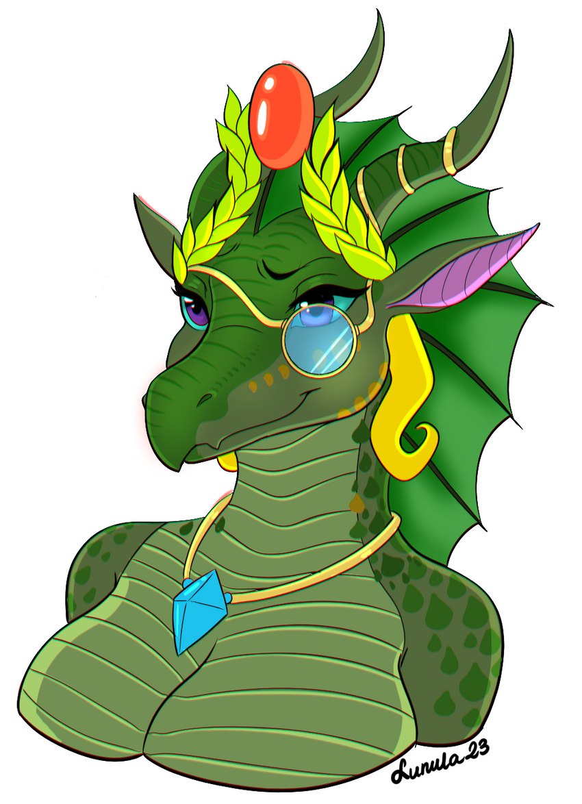 anthro big_breasts breasts crown female glass headgear horn nude powerful royalty kinkypeach mythology wings_of_fire queen_rowan dragon leafwing_(wof) mythological_creature mythological_scalie scalie hi_res