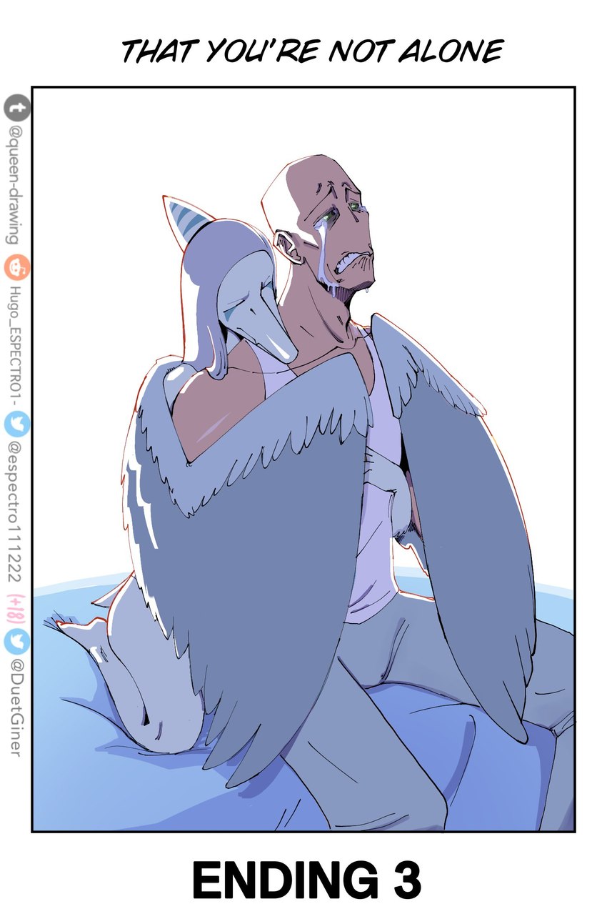 anthro bald bed biped blue_body blue_scales bodily_fluids bottomless bottomless_anthro bottomless_female bottomwear clenched_teeth clothed clothing comforting crying duo eyebrows eyes_closed feathered_wings feathers feet female frown furniture green_eyes grey_body grey_bottomwear grey_clothing grey_feathers grey_hair grey_pants hair half-closed_eyes hug hugging_another hugging_from_behind human_on_anthro humanoid_feet humanoid_hands inside interspecies long_hair male male/female markings narrowed_eyes on_bed open_mouth pants plantigrade raised_inner_eyebrows romantic romantic_couple sad scales shirt short_tail sitting striped_markings stripes tail tank_top tears teeth text topwear traumatized using_wings wing_hug wings espectro111222 cavemanon_studios goodbye_volcano_high snoot_game anon_(snoot_game) fang_(gvh) human mammal prehistoric_species pterodactylus pterosaur reptile scalie 2024 artist_name colored comic end_page english_text hi_res shaded