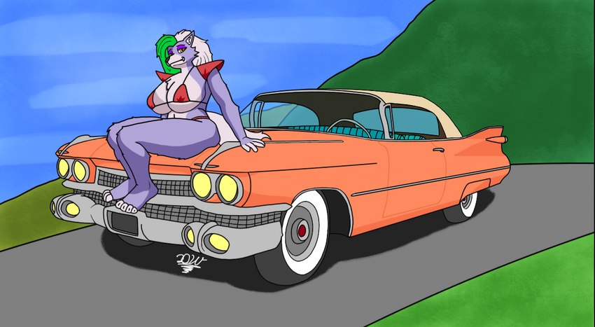 anthro breasts car clothed clothing detailed_background female fingers fur hair motor_vehicle solo vehicle vintage_car delta_dewitt cadillac five_nights_at_freddy's five_nights_at_freddy's:_security_breach scottgames steel_wool_studios roxanne_wolf canid canine canis mammal wolf 2023 digital_media_(artwork)