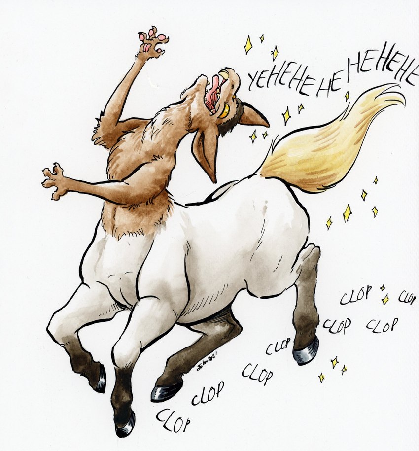 ambiguous_gender brown_body brown_fur fur hooves laugh nude pawpads simple_background smile solo split_form tongue tongue_out white_background white_body white_fur yellow_sclera cervelet out-of-placers equid equid_taur equine equine_taur mammal mammal_taur taur yinglet 2021 hi_res