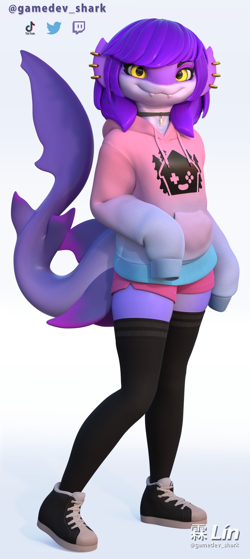 anthro clothing cute_fangs fangs female fingers hair looking_at_viewer purple_body purple_hair solo teeth yellow_eyes lin_artist hailina fish marine shark 3d_(artwork) absurd_res digital_media_(artwork) hi_res